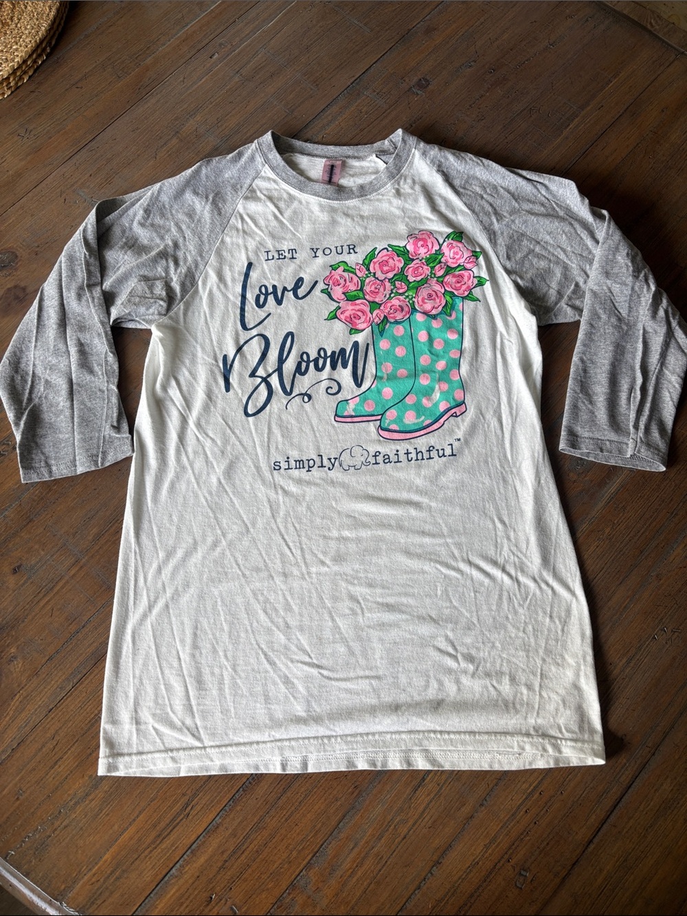 Simply Faithful size S white and gray top with floral printed front design